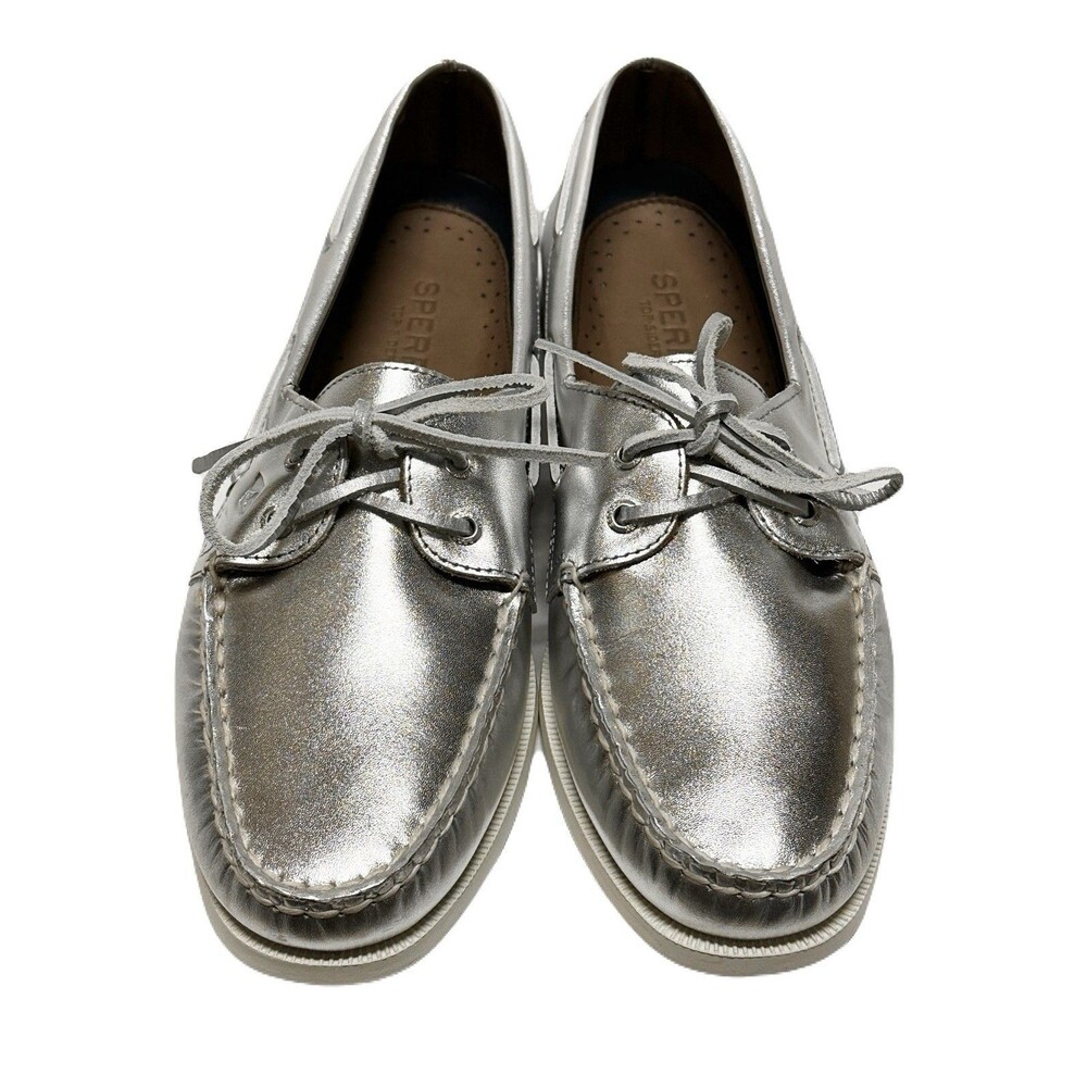 NEW Sperry Womens Size 10.5 Silver Leather Authentic Original Two-Eye Boat Shoe - Picture 3 of 9